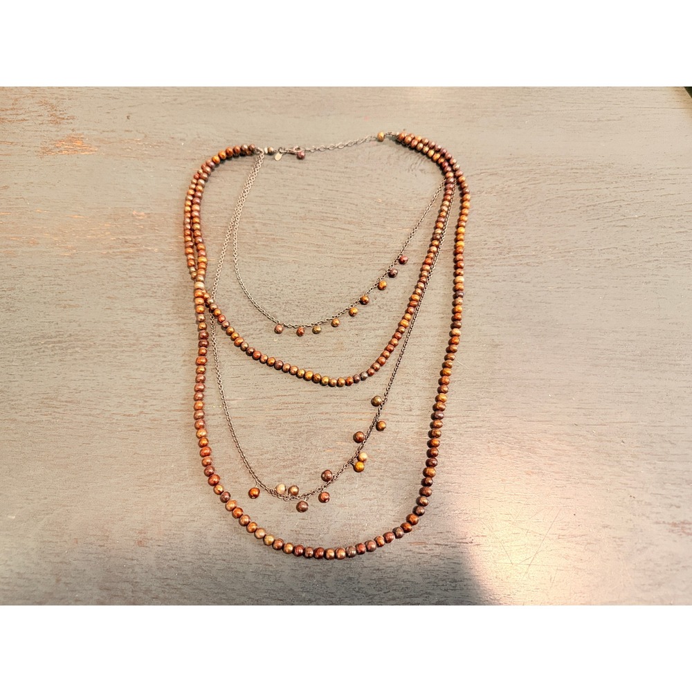 Vintage Multi Strand Beaded Layered Necklace Bronze Tone Boho Dangle Charm 32in